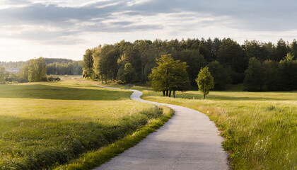 Fototapeta na wymiar beautiful meadow with a path, a road, a forest; countryside