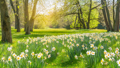 beautiful meadow with blossoming daffodils growing in sunny spring park - obrazy, fototapety, plakaty