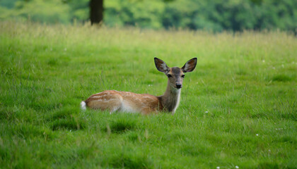 Naklejka na ściany i meble beautiful meadow with a young deer lying in green grass