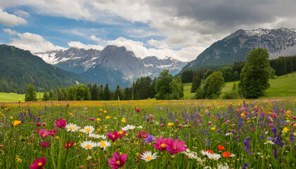 Fototapeta premium beautiful meadow with colorful flowers and mountains at the background