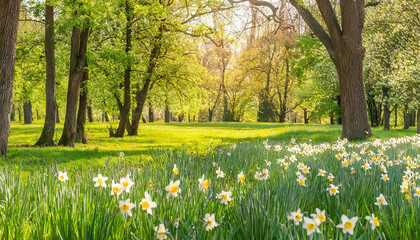 Fototapeta premium beautiful meadow with blossoming daffodils growing in sunny spring park