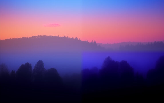 Purple toned sunrise mountain scenery,created with Generative AI tecnology.