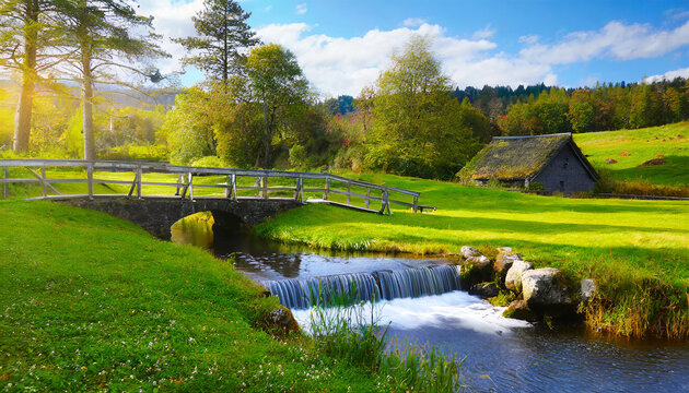 beautiful meadow with a river, a waterfall, a small bridge