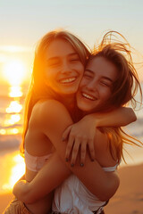 Sunset Embrace: A Captivating Snapshot of Two Friends Hugging on the Beach at Dusk