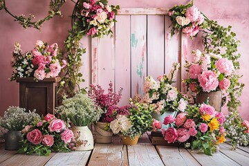 Fototapeta premium spring set up with colourful flowers pink , vintage wood parquet.
