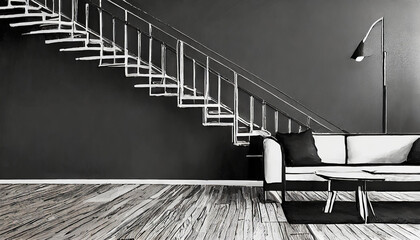 Black minimalist living room interior with stairs, sofa on a wooden floor, black large wall. Close up