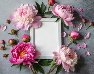 Blank greeting card in frame made of pink color peony flowers on gray background. Wedding invitation. Mock up. Flat lay.