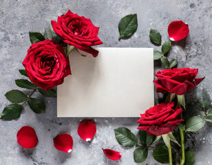 Blank greeting card with red rose flowers on gray background. Wedding invitation. Mock up. Flat lay. Womans day, Valentines day layout
