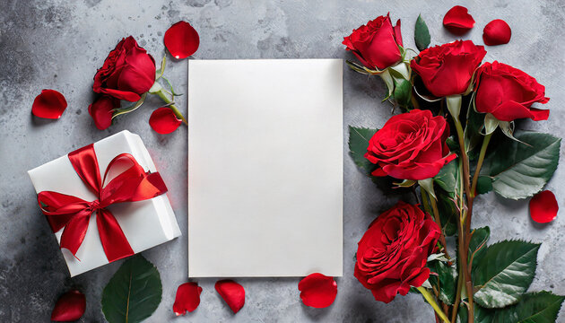 Blank greeting card with red rose flowers and gift box on gray background. Wedding invitation. Mock up. Flat lay. Womans day, Valentines day layout