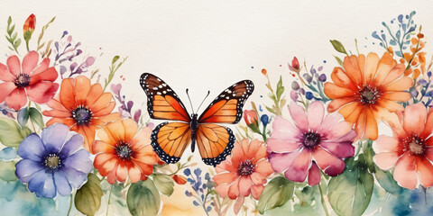 butterfly and flowers watercolor background generated by AI