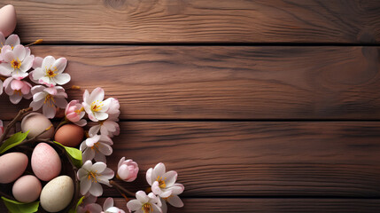 Easter background. The association of Easter comes from the eggs in the background. There are wooden elements.