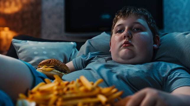Overweight boy watching TV and eating fast food. 