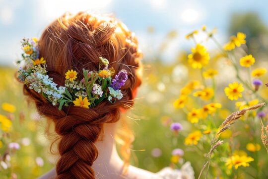 A Girl With A Long Red Braid With Meadow Flowers Woven Into It