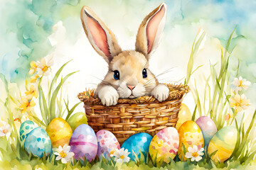 Easter bunny in a basket with colorful Easter eggs on the grass, watercolor painting