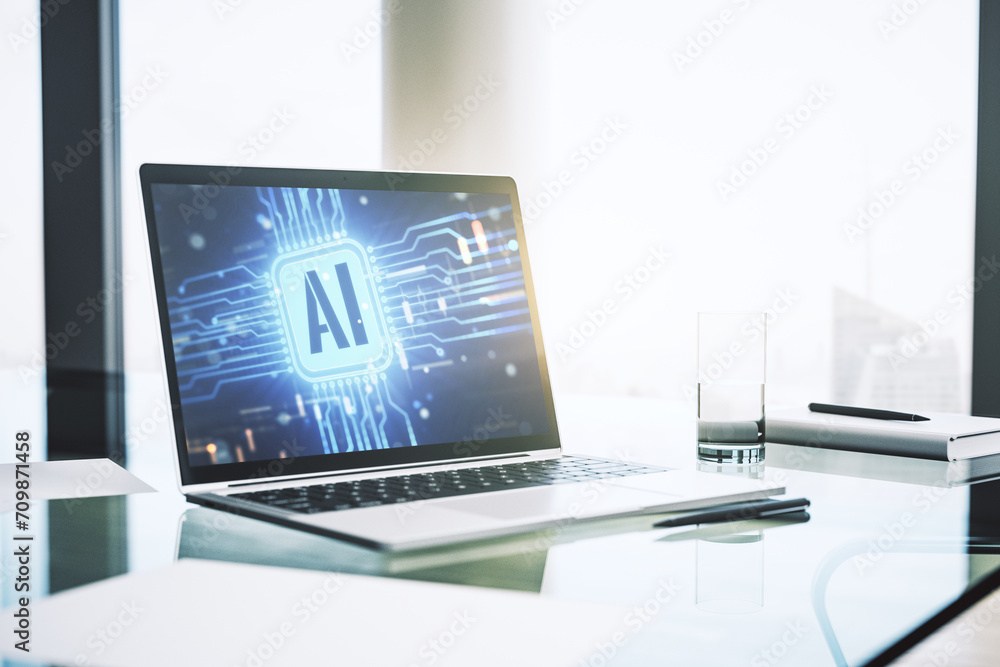 Poster Modern computer monitor with creative artificial Intelligence icon. Neural networks and machine learning concept. 3D Rendering