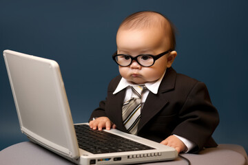 Adorable baby dressed as a businessman attentively using a laptop on a blue background.