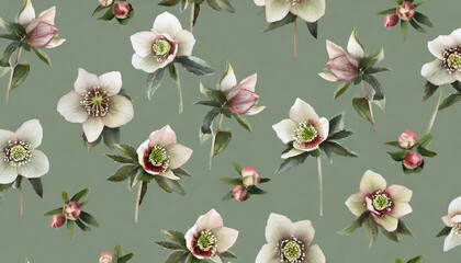 Cute hellebore pattern on a pastel green background_ christmas concept