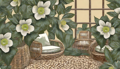 Cute hellebore pattern sanctuary. Hellebore prints, soft exotic hues. Rattan furniture, tropical decor. A lively and adorable space inspired by the unique allure of hellebores.