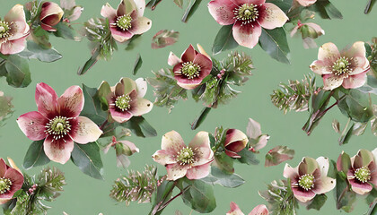 Cute hellebore pattern on a pastel green background_ christmas concept - obrazy, fototapety, plakaty