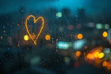 A heart drawn on the foggy glass with the lights of the night city behind the glass