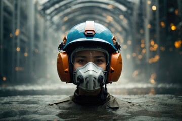 A Symbolic Imagery of Global Safety and Environmental Consciousness , Wearing a Safety Helmet and a Protective Mask, World Day for Safety and Health at Work