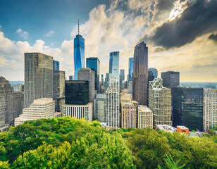 Obraz premium Downtown Skyline Aerial view with skyscrapers and trees in foreground