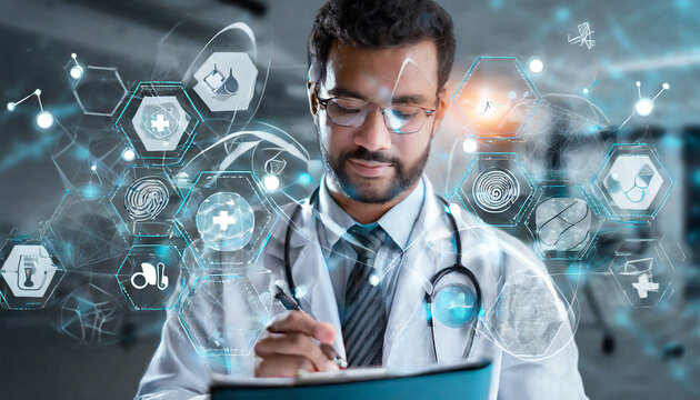 Doctor diagnose digital patient record on virtual medical network on Computing electronic medical record. Digital healthcare and network connection interface, Global health care. Medical technology