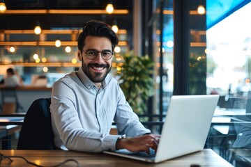 Happy young Latin business man looking at laptop at work. Smiling businessman professional executive manager investor using computer sitting in office, Generative AI