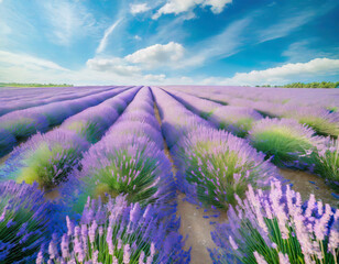 Obraz premium Dreamy lavender pattern with blue sky_ aerial view, top shot