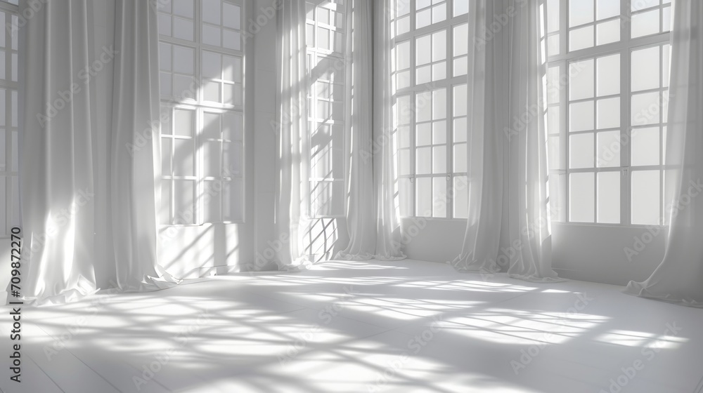 Poster Display product against blurred background. White studio background with shadows of window. Empty room without windows.