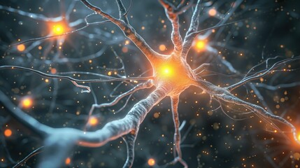Close-up of a neural cell with glowing nodes, highlighting synaptic activity and neurotransmission within the brain's complex network