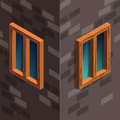 Isometric wooden windows on the facade stone wall. Vector illustration