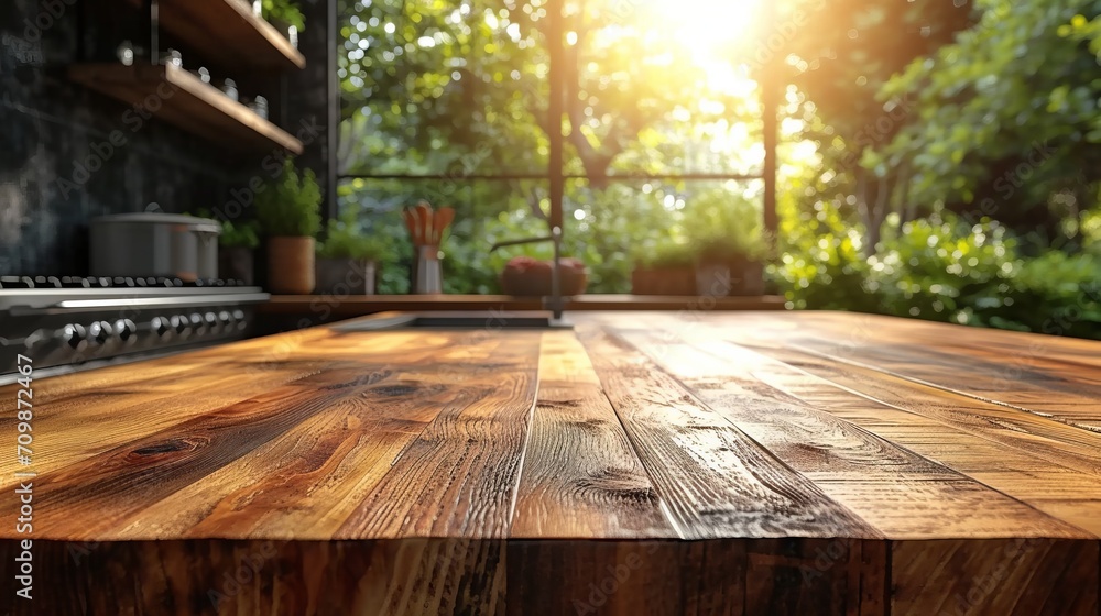 Poster an empty beautiful wood table top counter and a blurry background in a clean and bright modern kitch