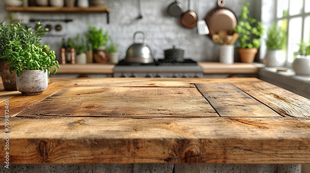 Canvas Prints An empty beautiful wood table top counter and a blurry background in a clean and bright modern kitchen interior.