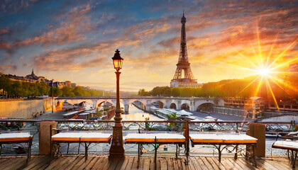 Eiffel Tower against sunrise in Paris, France - obrazy, fototapety, plakaty