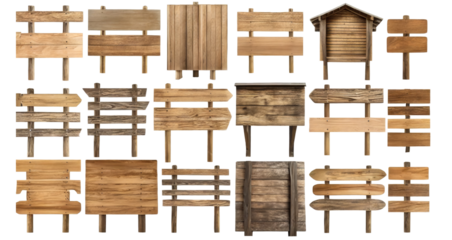 collection of direction wooden billboards, isolated empty arrow directional signboard, isolated on a transparent background. PNG, cutout, or clipping path.