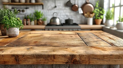An empty beautiful wood table top counter and a blurry background in a clean and bright modern kitchen interior.