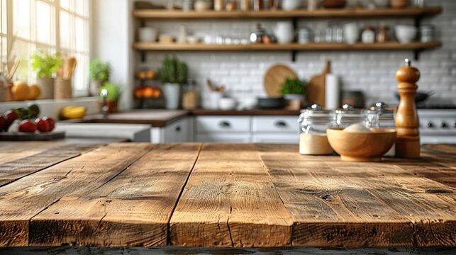 Modern kitchen interior background in clean, bright colors, with a beautiful wood table top and blur bokeh.