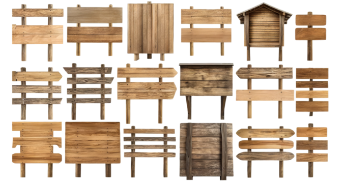 collection of direction wooden billboards, isolated empty arrow directional signboard, isolated on a transparent background. PNG, cutout, or clipping path. - Powered by Adobe