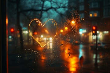 A heart drawn on the foggy glass with the lights of the night city behind the glass