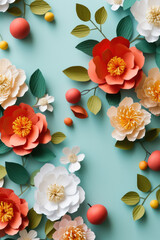 Crafted paper flowers and leaves in a vibrant display of red, white, and peach colors on a teal background.