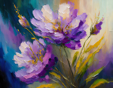 Elegant and beautiful oil painting flower illustration with purple flowers