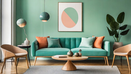 Ellipse table and two chairs near mint sofa against light green wall with art frame poster. Scandinavian, mid-century home interior design of modern living room