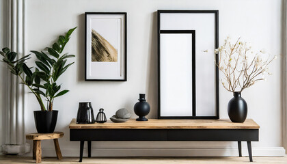 Empty mock up black poster frame on wooden shelf. Interior design of modern living room with white wall and home decor pieces