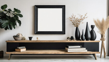 Empty mock up black poster frame on wooden shelf. Interior design of modern living room with white wall and home decor pieces