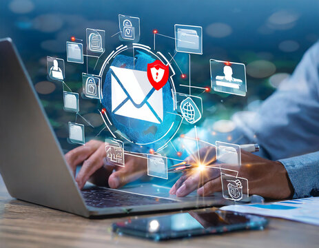 Email Checking and Protection Security from Spam. Security protection notification on internet letter security protect, junk and trash mail and compromised information