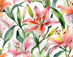 Enchanting lily pattern painting illustration in watercolor style and type