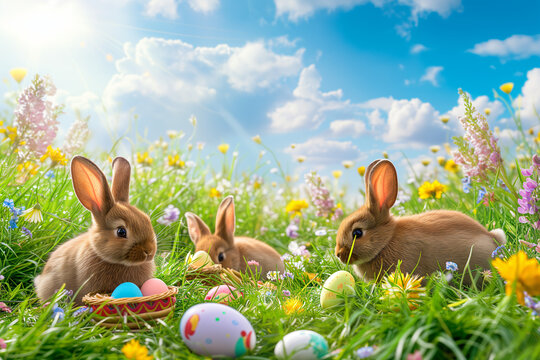 Springtime Delight: Playful Bunnies Amongst Easter Eggs and Wildflowers