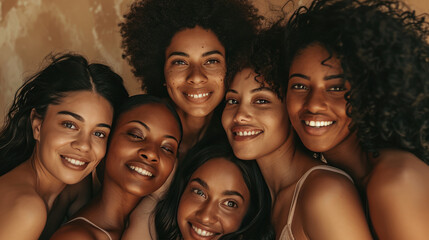 Fototapeta premium Smiling women are huddled closely together, portraying a warm, friendly, and diverse group.