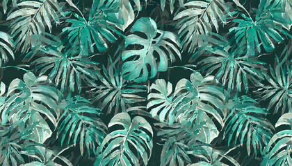 Exotic botanical seamless pattern. Tropical background with palm leaves, monstera. Dark background in green emerald turquoise colors. Design for wallpaper, wrapping paper, fabric. Vintage